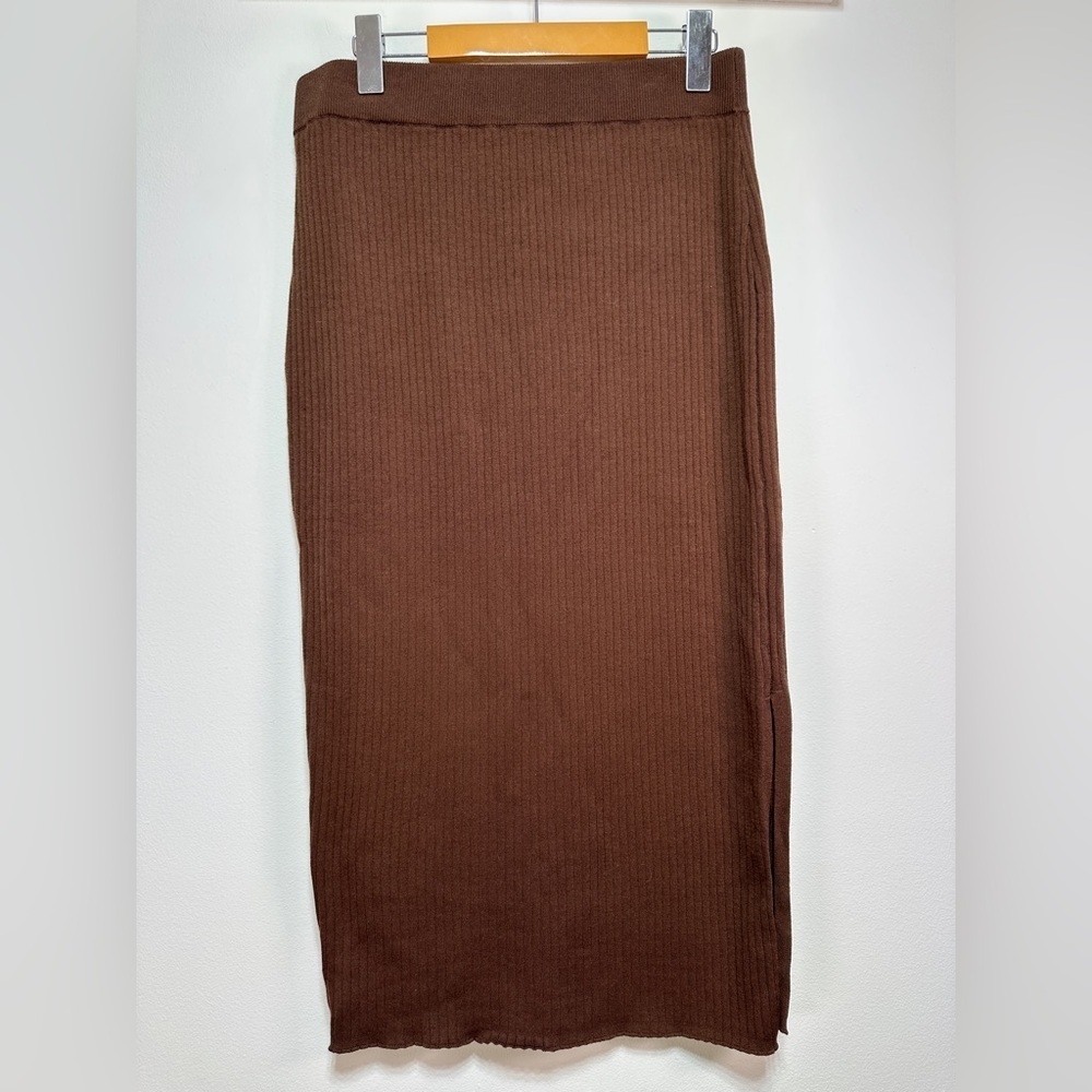 Paper Label Cocoa Brown Ribbed Knit Midi Sweater Skirt Pull-On Cotton Blend